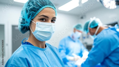 A surgeon in a blue scrub suit and mask looks at the camera in a modern operating room with other surgical personnel