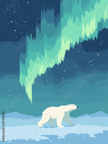 Polar bear on icy tundra under northern lights with white fur, ice blue, emerald green aurora, and navy sky