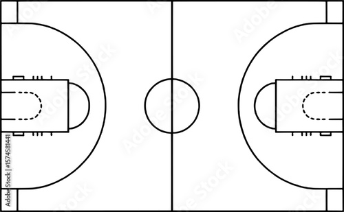 Basketball court diagram with lines and markings sport game