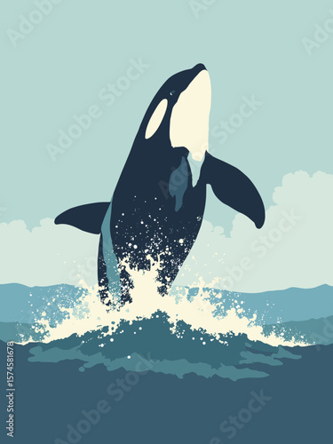 Orca breaching in ocean waves with black-and-white pattern, deep blue water, and white spray