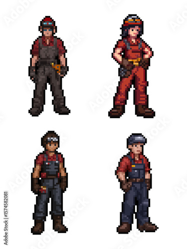 Pixel Art Industrial Workers Craftsmen Characters Collection. versatile collection of four distinct pixel art characters representing industrial workers, mechanics, and craftsmen in pixel art style