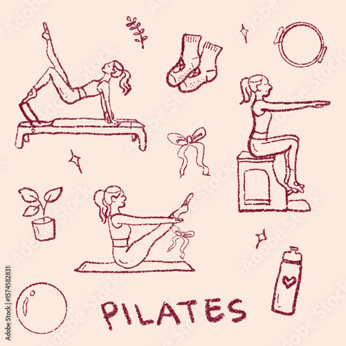 Pilates Red Line Art Doodle Set – Minimalist Workout Illustration