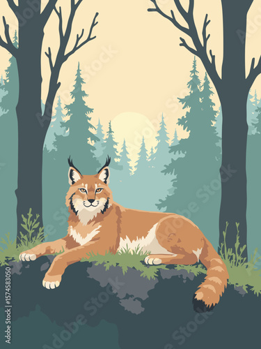 Lynx resting on mossy rock in boreal forest with tawny fur, moss green, pine brown, and muted gold light