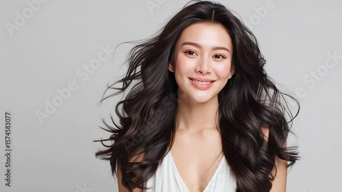 Wallpaper Mural Beauty asian brunette girl with long and shiny wavy hair . Beautiful woman model with curly hairstyle shine and volume in white dress in shiny white background, hair care products and luxury salons. Torontodigital.ca