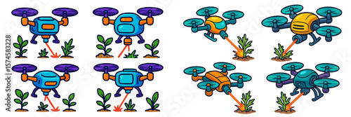 Innovative drones spraying plants in agricultural fields during daytime