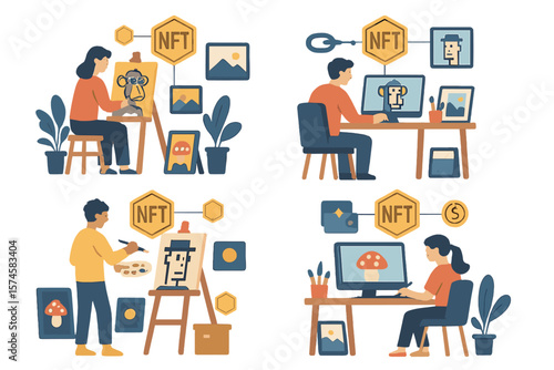 Digital artists creating diverse NFTs in a cozy workspace with plants, showcasing their creative process in a modern environment
