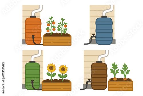 Garden watering system utilizing rainwater collection for vegetables and flowers in a backyard setting