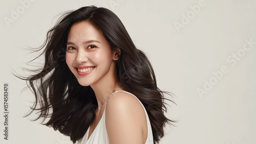 Wallpaper Mural Beauty asian brunette girl with long and shiny wavy hair . Beautiful woman model with curly hairstyle shine and volume in white dress in shiny white background, hair care products and luxury salons. Torontodigital.ca