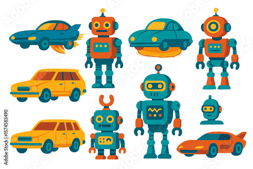 Colorful cartoon cars and robots in various designs showcasing creativity and imagination