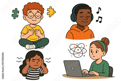 Children engaged in various emotional expressions and activities in a learning environment