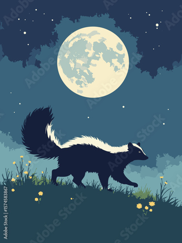 Skunk crossing moonlit meadow with black-and-white fur, midnight blue sky, silver moonlight, and grass green