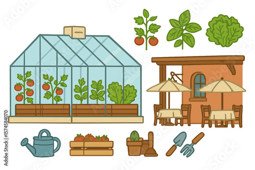 Greenhouse with fresh vegetables, outdoor seating area, and gardening tools in a sunny location