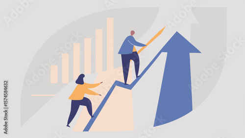 People climbing up an arrow with graph bars in the background representing business growth and success