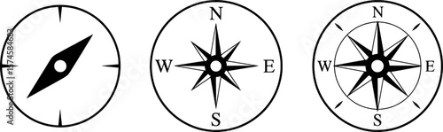 Black and white compass illustrations with directional markings navigation travel