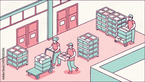 Warehouse workers moving boxes and packages with carts isolated on white background