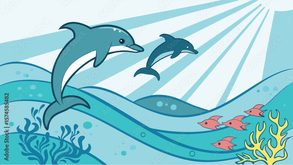 Fototapeta premium Two dolphins jumping in the ocean with fish and seaweed under bright sun rays in the sky above waves