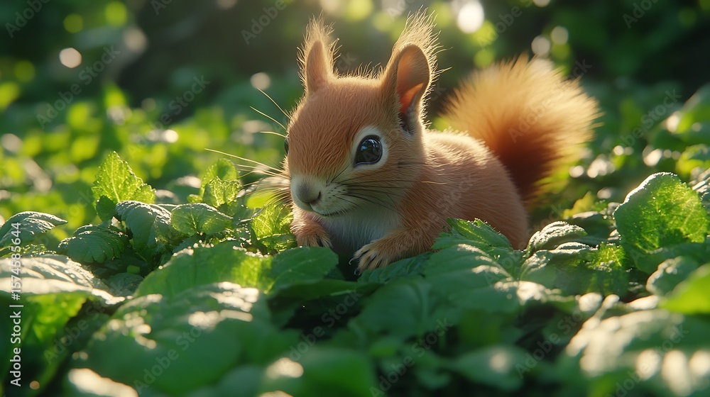 Fototapeta premium A cute squirrel nestled amidst lush greenery.