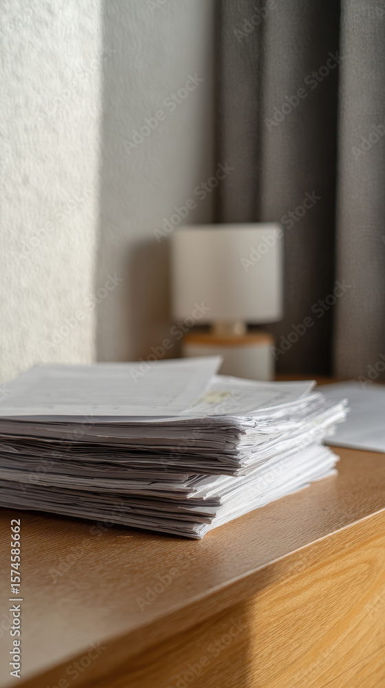 Stack of documents on wooden desk with lamp in background Stack of documents on wooden desk with lamp in background
