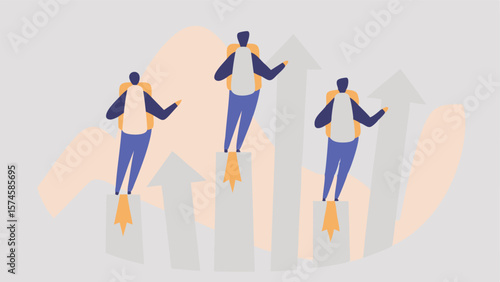 Three people with jetpacks standing on rising bar graphs in a light colored illustration
