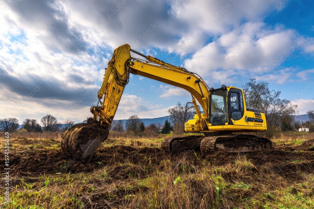 Obraz premium Ground Level Grass. Levelling Private Land Plot with Yellow Excavator Shoveling Earth