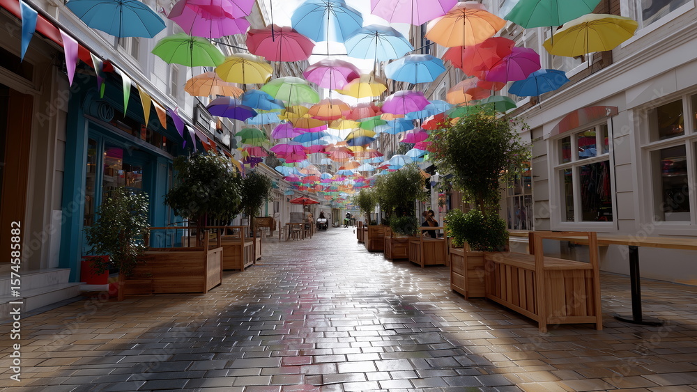 Fototapeta premium a narrow European street covered by a vibrant canopy of multicolored umbrellas suspended overhead, cobblestone pavement wet from recent rain.