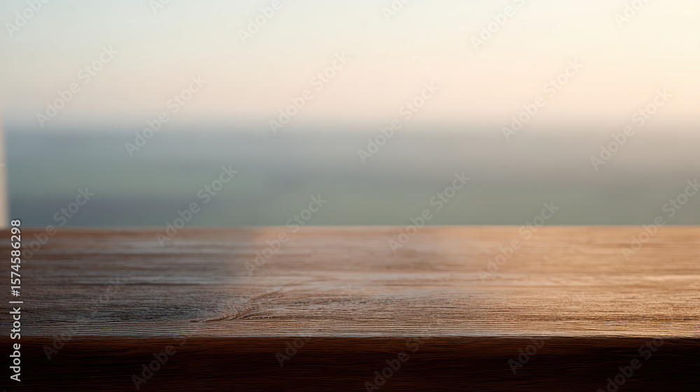 Obraz premium Natural wood desktop by window with sunrise light