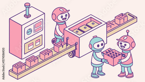 Cute robots working together on an assembly line isolated on white background