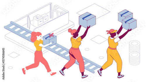 People working on a conveyor belt carrying boxes isolated on white background