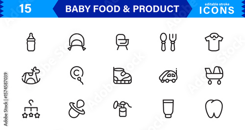Baby Food and Infant Product Symbols – Professional Modern Line Icon Pack with Unique Vector Style for Nutrition, Care, and Baby Essentials