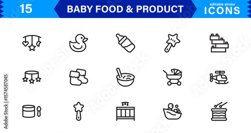 Baby Food and Infant Product Symbols – Professional Modern Line Icon Pack with Unique Vector Style for Nutrition, Care, and Baby Essentials