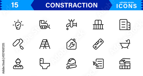 Constraction Icons Pack – Stylish Vector Icons Featuring Tools, Engineering, Building Elements