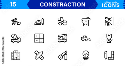 Constraction Icons Pack – Stylish Vector Icons Featuring Tools, Engineering, Building Elements