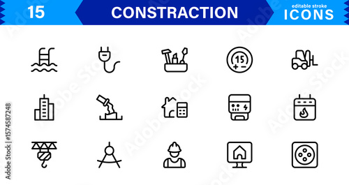 Constraction Icons Pack – Stylish Vector Icons Featuring Tools, Engineering, Building Elements