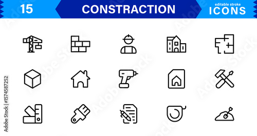 Constraction Icons Pack – Stylish Vector Icons Featuring Tools, Engineering, Building Elements