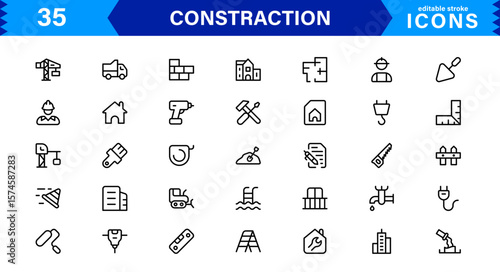Constraction Icons Pack – Stylish Vector Icons Featuring Tools, Engineering, Building Elements