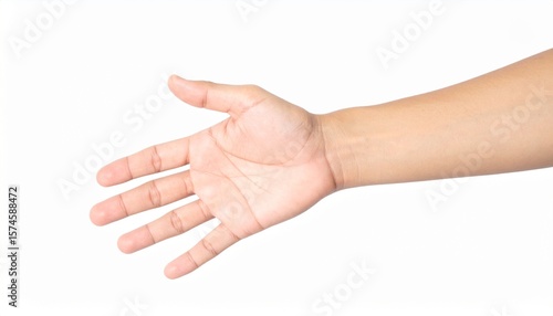 Hand gesturing open, offering a handshake or reaching out, on a white background with the arm extended.