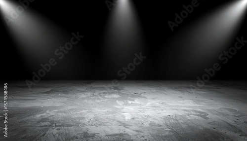 Empty stage with three spotlights illuminating a textured concrete floor, perfect for product placement and theatrical presentations.