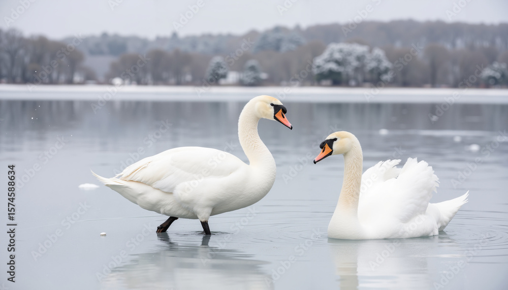 Fototapeta premium Two swans interacting on frozen lake in winter landscape 