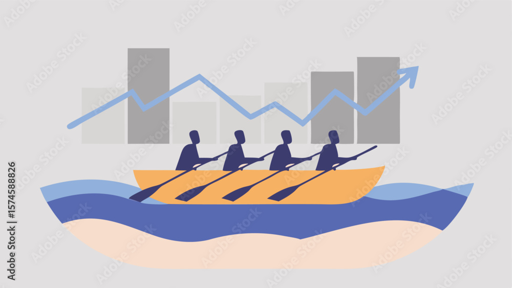 Fototapeta premium Four people rowing a boat with paddles in front of a graph trending upwards in the background