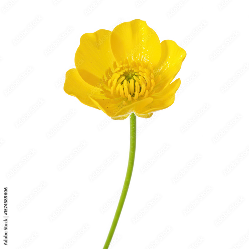 Fototapeta premium Single yellow buttercup flower with stem isolated on transparent background