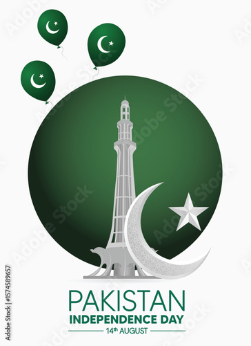 Pakistan independence day 14 august flag balloon with landmark vector poster 