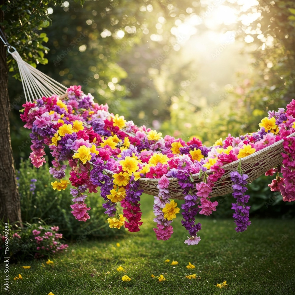 Obraz premium Colorful Flowers Adorn Hammock in Sunny Garden