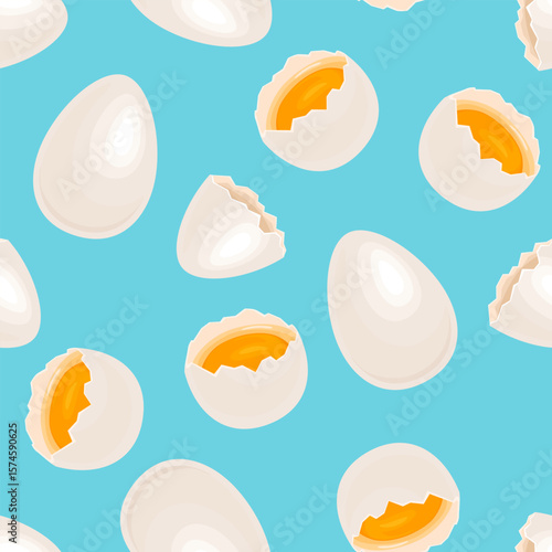 White chicken eggs seamless pattern. Whole, half of egg with yolk and eggshell on blue. Vector cartoon flat illustration. Healthy food background