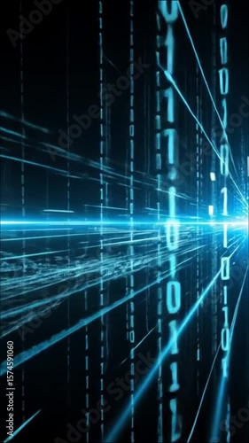 Animation showing the concept of data encryption with a digital padlock icon and flowing binary code. A modern visual representing information security, privacy protection and cybersecurity technology