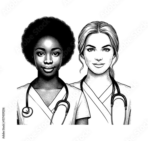 Diverse Nurses in Engraved Style, Black Woman and White Woman Standing Shoulder to Shoulder