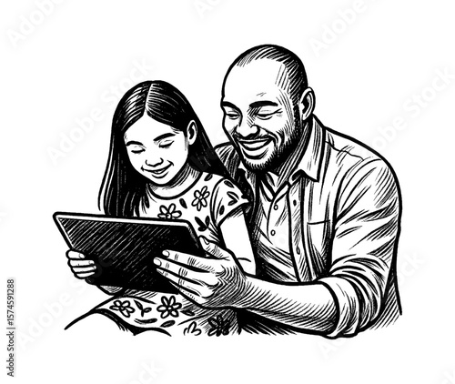 Happy African American Father and Daughter Using Tablet Together in Black and White Engraving Style