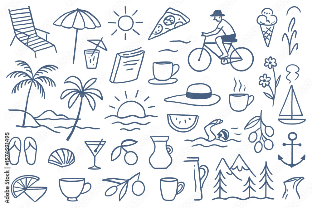 Fototapeta premium Delightful summer adventure line art vector for creative projects featuring sun sea nature relaxation travel leisure