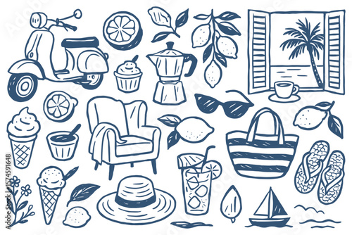 Whimsical summer doodle collection featuring scooter lemons coffee sunglasses ice cream and beach elements in charming