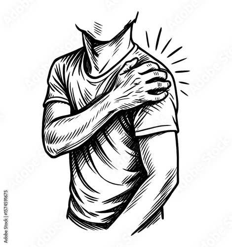 Man holding his painful shoulder with hand in engraved illustration, pain and medical concept