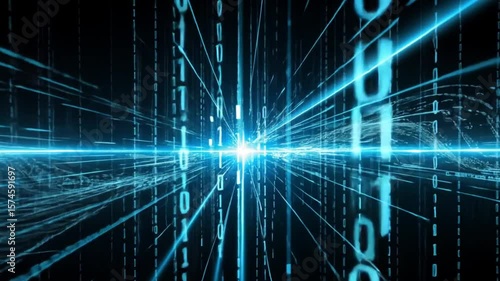 Animation showing the concept of data encryption with a digital padlock icon and flowing binary code. A modern visual representing information security, privacy protection and cybersecurity technology